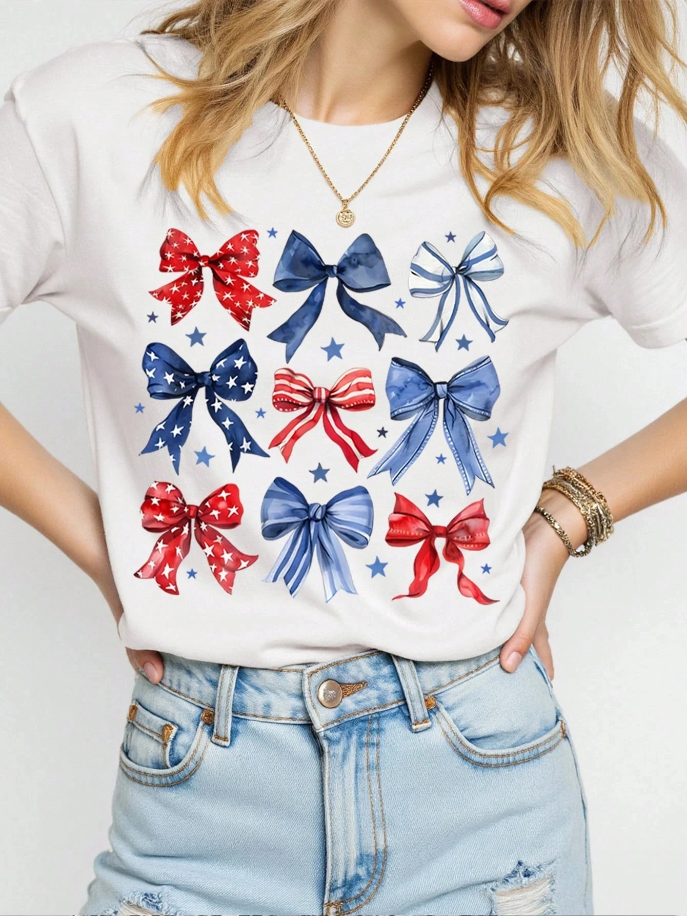 

Женская футболка больших размеров INAWLY, удобная цветная рубашка с бантом, красочный бант, День независимости