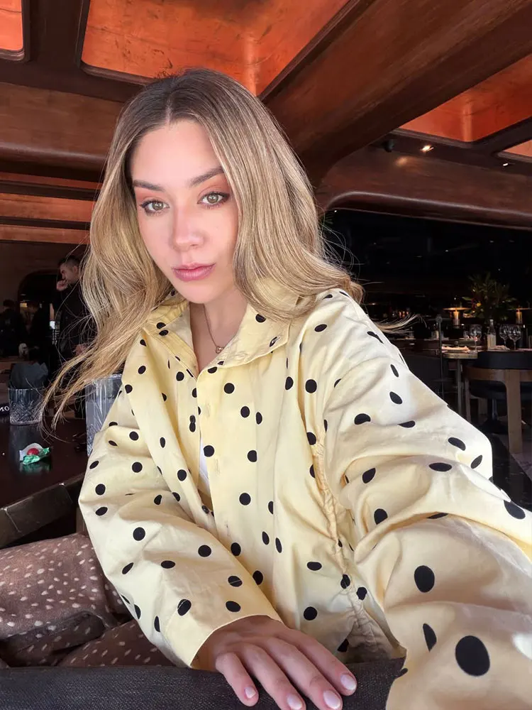 HH Women Fashion Yellow Polka Dot Coat Single Breasted Long Sleeve Turtleneck Cropped Jacket With Drawstring Female Streetwear view 2