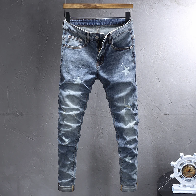 Street Fashion Men Jeans Retro Blue Elastic Stretch Slim Fit Ripped Jeans Men Stars Printed Designer Vintage Denim Pants Hombre