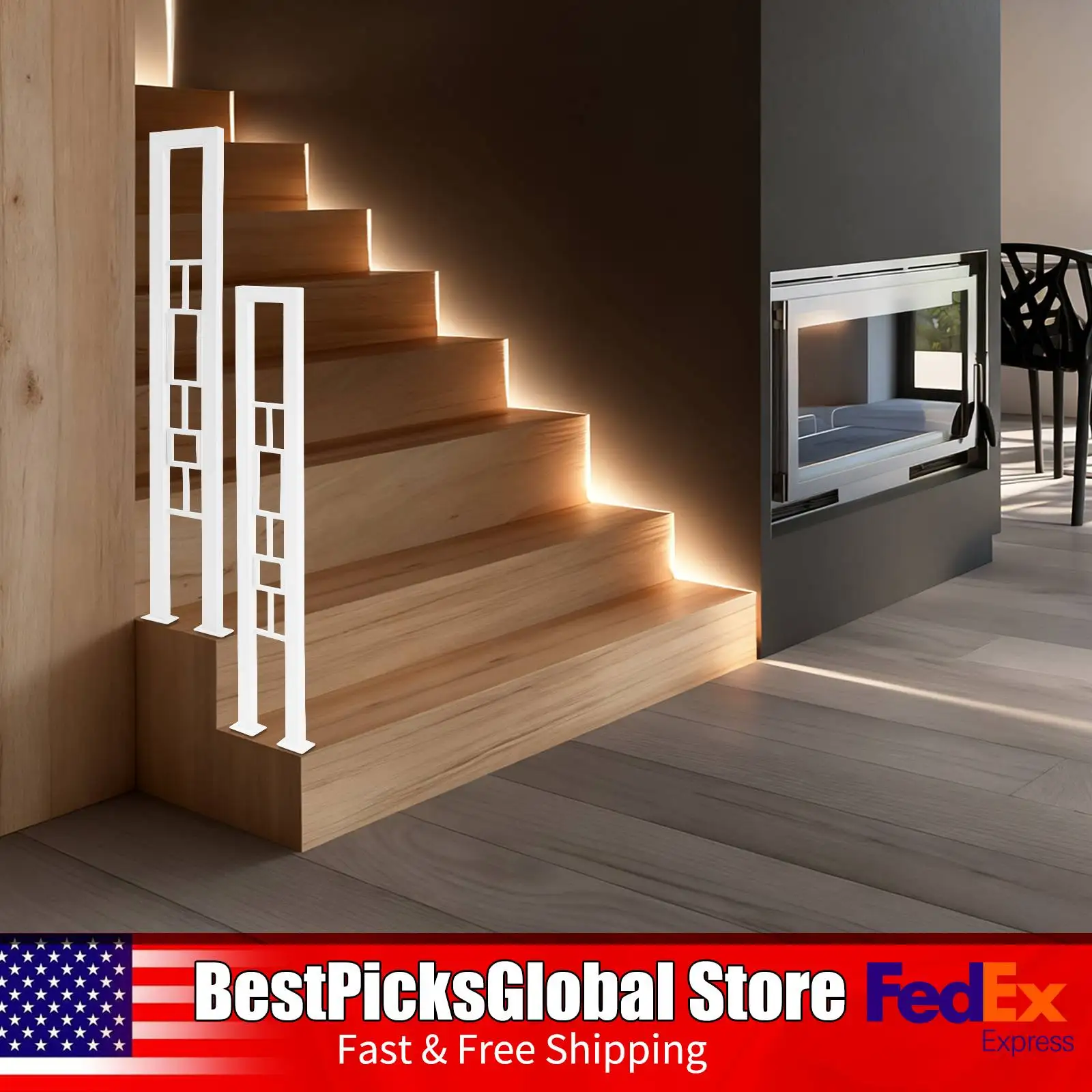 2 قطعة درابزين درج بارتفاع 35.43 بوصة على شكل حرف U، أبيض/أسود، مستطيل + نمط مربع، أقطاب دعم أمان من الحديد المزخرف #1