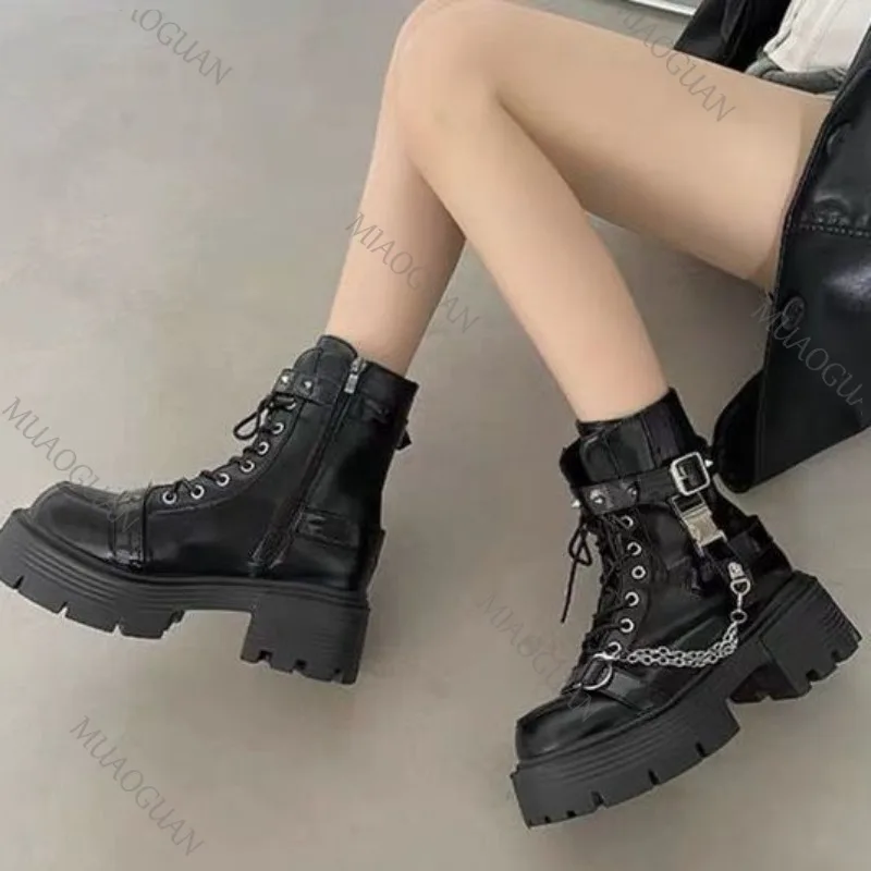 Sweet Punk Thick Bottom Ankle Boots for Women Autumn New Black Rivets Gothic Chunky Heeled Motorcycle Botas Side Zipper Shoes - view 6