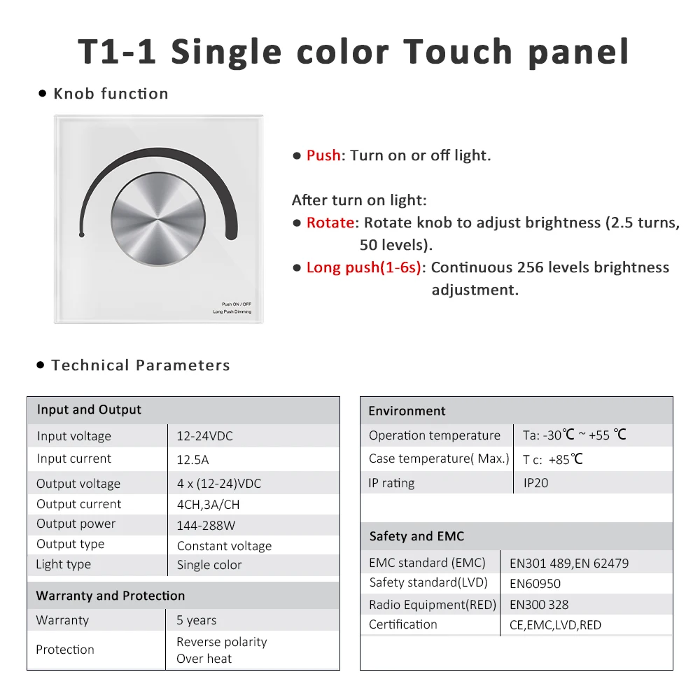 Wall Mounted Rotary Panel Led Controller DC 12V 24V Dimmable Wireless Remote Control for 5050 2835 Single Color LED Strip Light