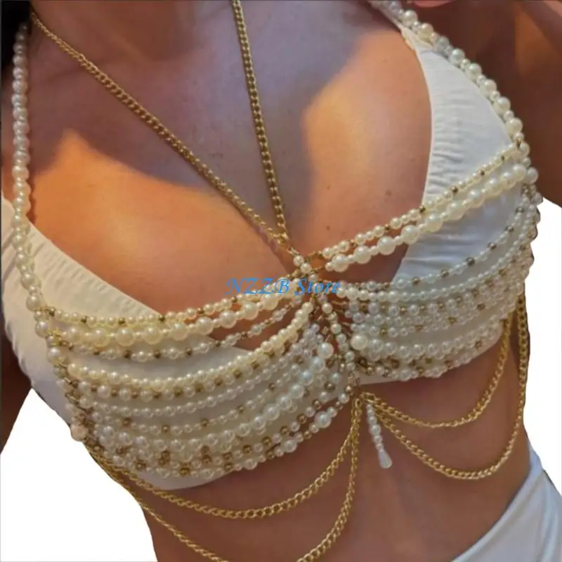 

T21F Multi Layered Pearls Chest Chain Halter Neck Bra Women's Body Jewelry Crop Top Vest For Beach Parties And Festivals