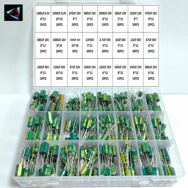 625Pcs 24Values Aluminum Electrolytic Capacitor Kit 10V-100V 1F-1000uF Capacitors Box Assortment Kit