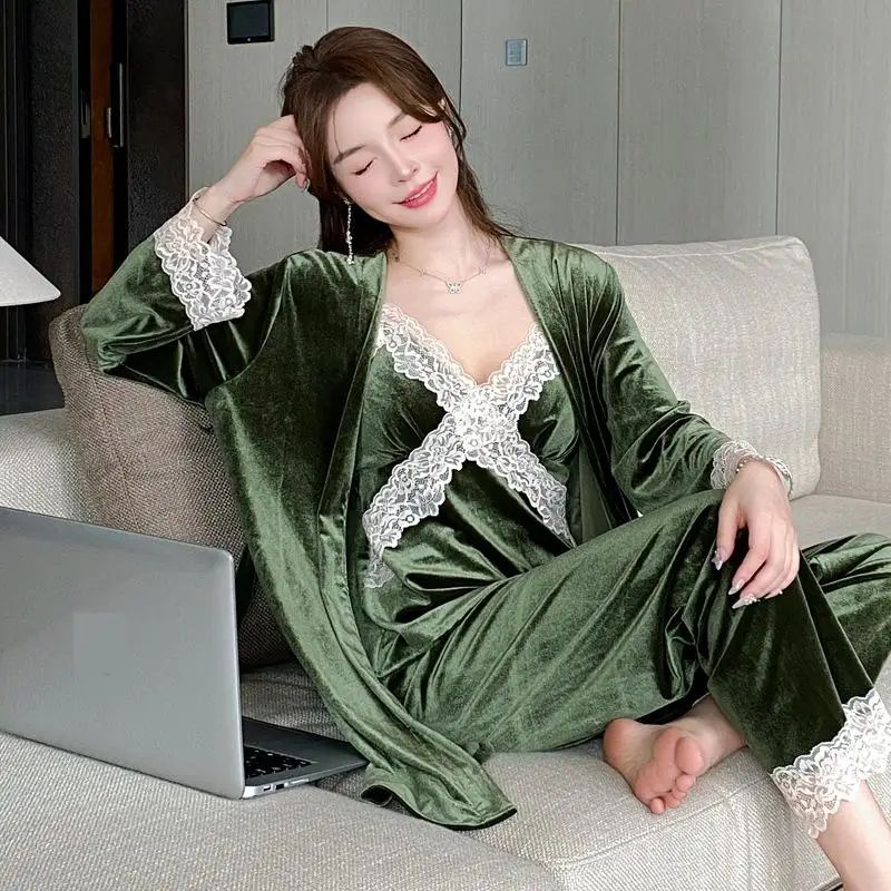 

Velour Lace 3pc Sleepwear Set Women Bathrobe Pyjamas Home Clothes Autumn Winter Velvet Pajamas Suit Casual Nightshirts Lingerie