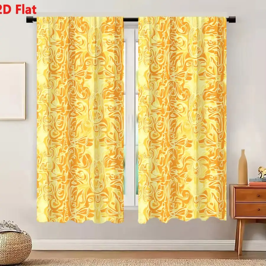 2Pcs Curtains 2D Flat Psychedelic Ornate Seamless Pattern With Warm Yellow Orange And Gold Abstract Floral Motifs Window Drapes
