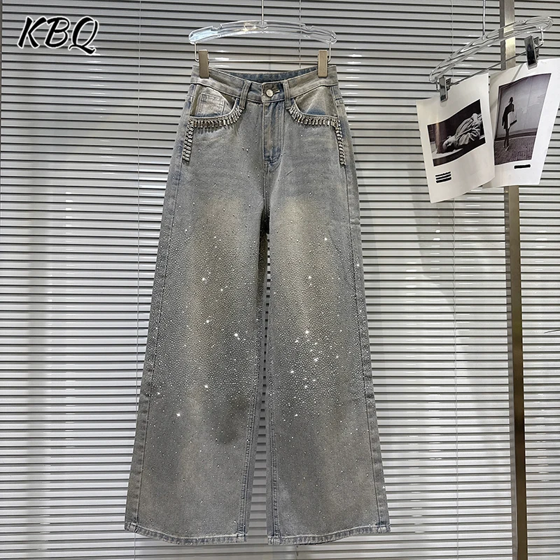 

KBQ однотонные свободные брюки со сращенными бриллиантами для женщин, высокая талия, лоскутные карманы, старые широкие джинсы, женский модный стиль, новинка