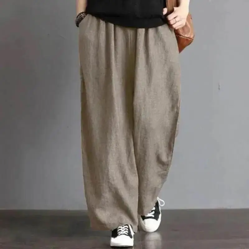 

Women's Beige Linen Baggy Wide-Leg Pants High Waist Loose Casual Comfortable Daily Boho Style Trousers