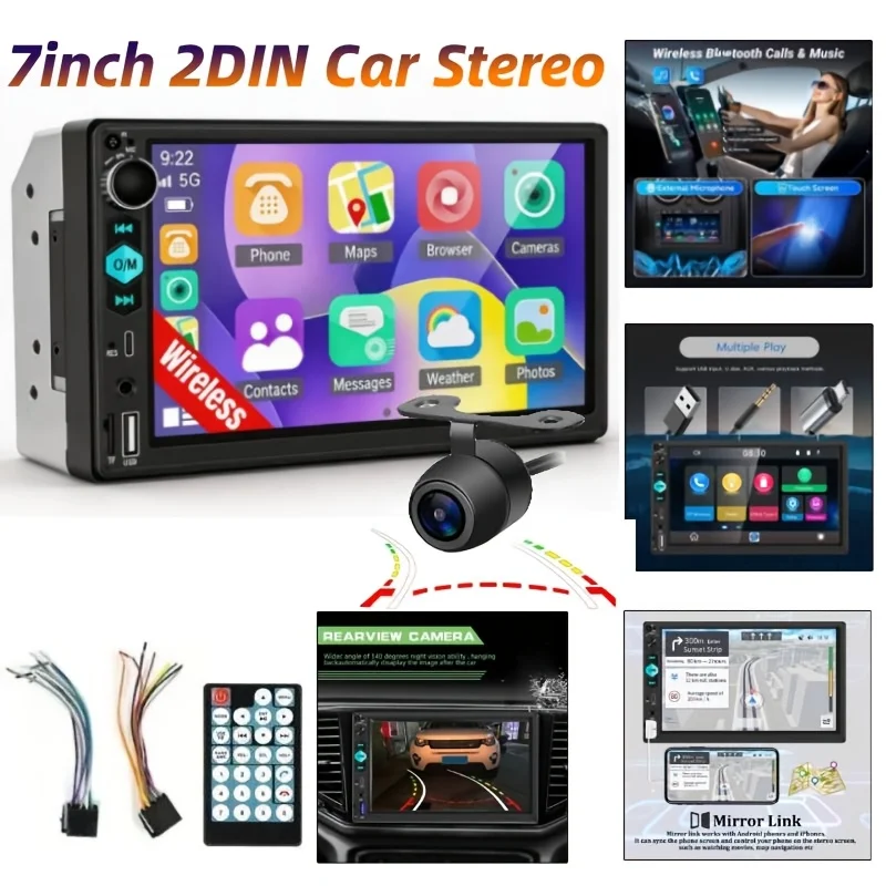 Upgraded 17.78cm 2Din Car Stereo with Dynamic Trajectory Backup Camera, Touchscreen Digital Media Player,Wireless BT,Mirror Link