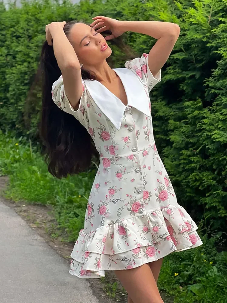 2025 女性の花柄パフスリーブミニドレス V ネックラップウエストレースアップレイヤードフリルレディ新しい夏のカジュアルローブドレス