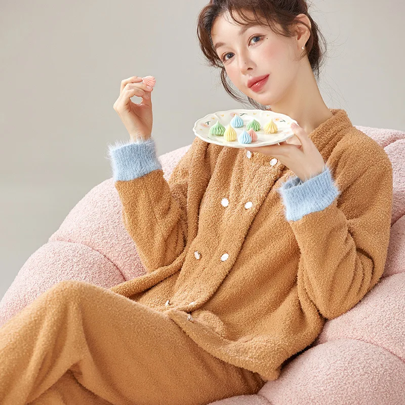 Осенне-зимние женские пижамы с полуворсом на флисовой подкладке, удобная одежда для сна, коралловый флис, сохраняющая тепло, пижамный костюм, домашняя одежда