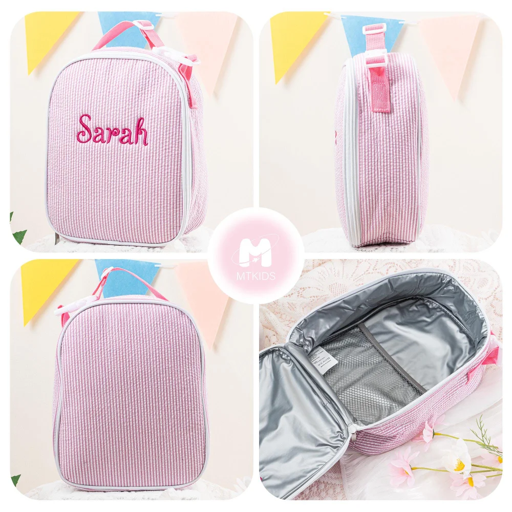 Personalized Embroidery Name Children's Bento Bag Bubble Yarn Academy Style Lunch Bag Student Outdoor Picnic Thermal Bag Ice Bag