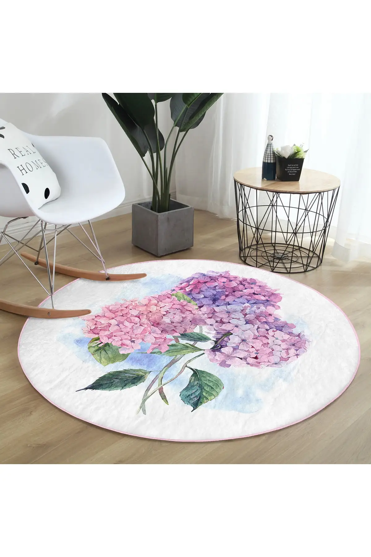 Dovi hydrangea flower figured custom design Modern pink bathroom washable non-slip-based round carpet