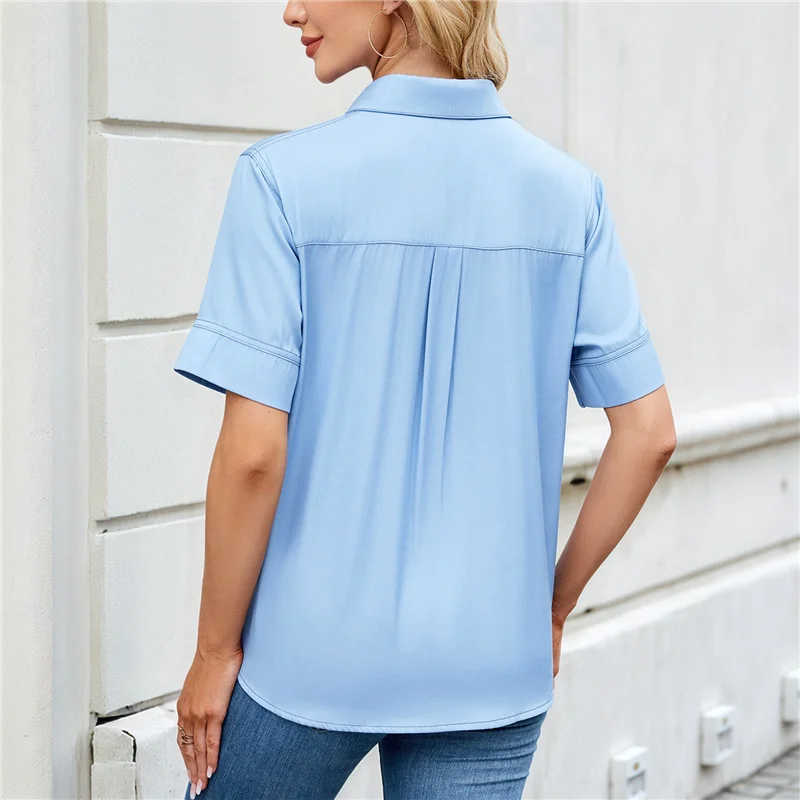 

ABP-Womens Button Down Shirt Casual Short Sleeve Collared Work Blouse With Pocket