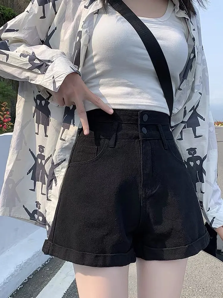 High Waist plus Size Denim Shorts Women's Summer Loose Wide Leg Slimming High-Rise A-Line Hot Pants Black Cuffed Jeans