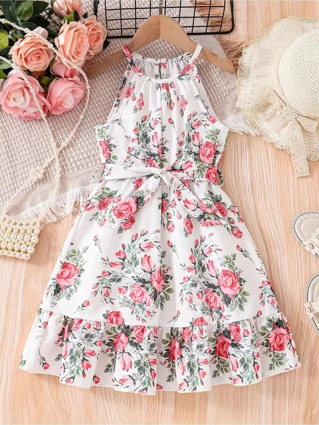 Little Girl Boho Floral Halter Dress, Tiered Ruffle Hem Summer Sundress, Elegant Fitted Dress for Kids, Perfect for Warm Weather