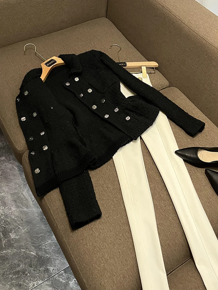 

iny Sequin Knitted Top Double Row Buttoned Slimming Waist Design Winter New Sle Ele Collar Women's Faion Sweater