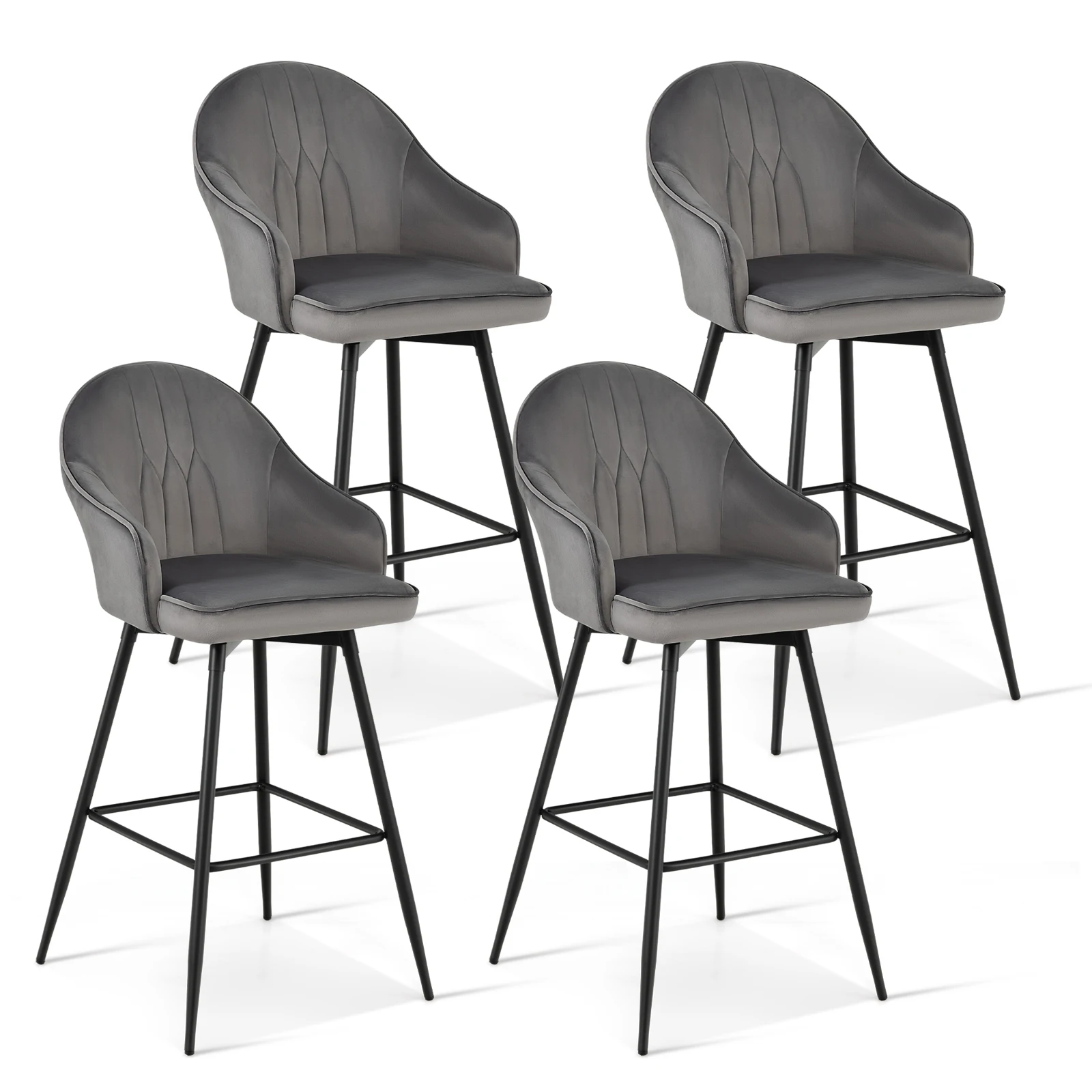 Set of 4 Velvet Bar Stools Swivel Pub Height Dining Chairs w/ Metal Legs Gray