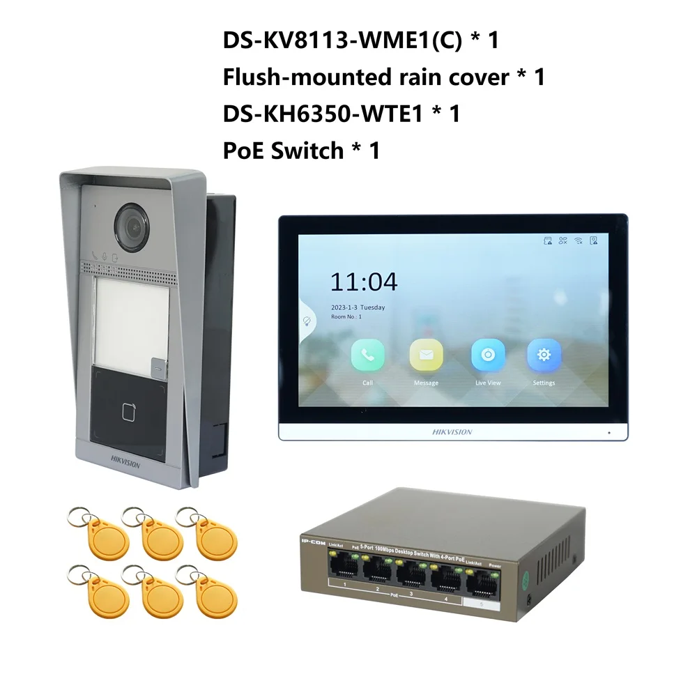 HIKVISION Original Multi-language POE Video intercom KIT,include DS-KV8113-WME1(C) & DS-KH6350-WTE1 & PoE Switch