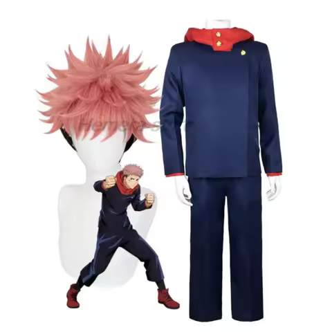 HemeraCos Anime JJK Itadori Yuji Blue Black Top Pants Set School Uniform Wig Cosplay Costumes Men Hallowen Costume