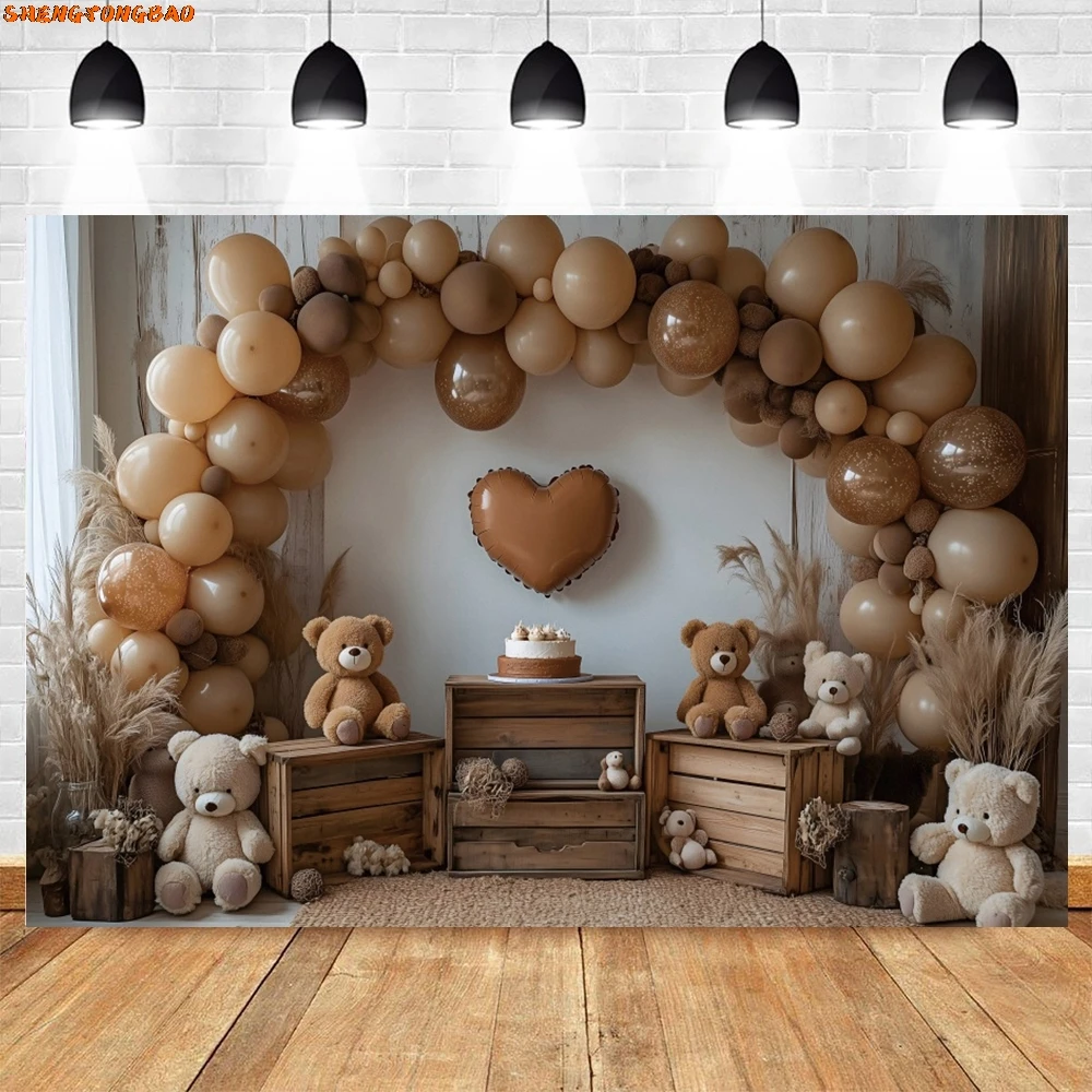 Boho สไตล์หมี Arch บอลลูนการถ่ายภาพพื้นหลังเด็กวันเกิดเค้ก Smash Portrait Decor ฉากหลัง Photo Studio Props