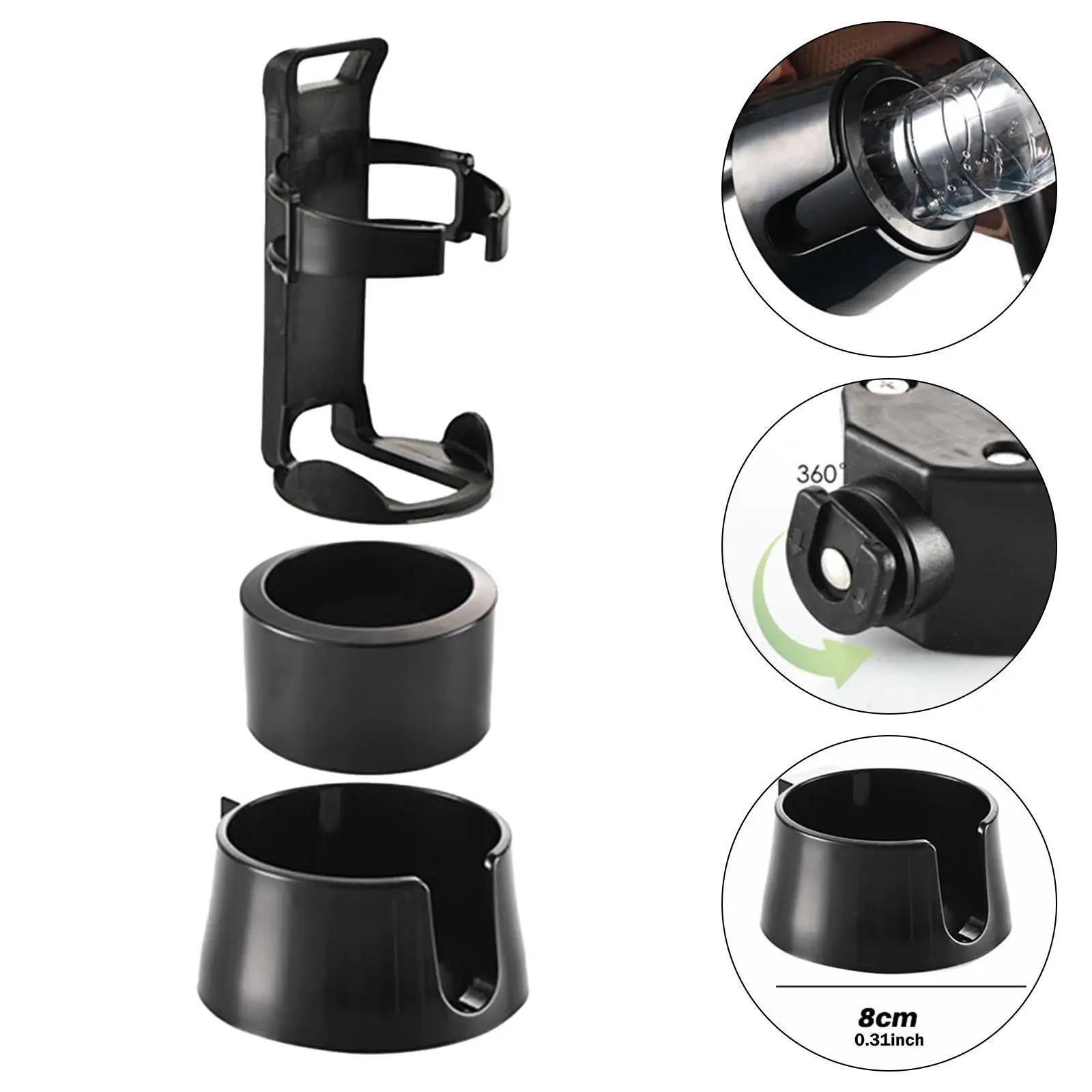 360 Degree Rotating Bike Cup Holder Adjustable Plastic Water Bottle Cage Stable Drink Attachment for Trolley and Stroller