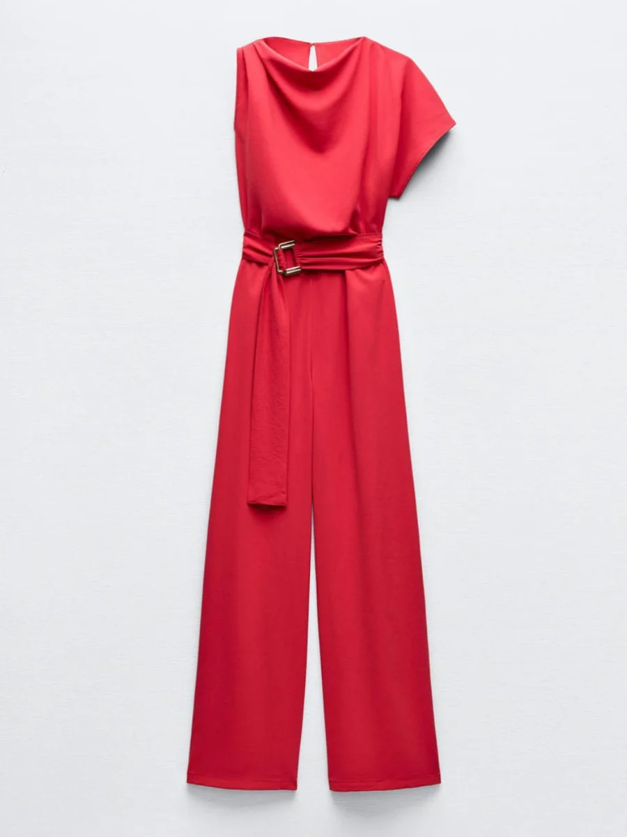 

Summer New Women's Waist-Cinching Slimming Bule Decor Asymmetric Pleated One-Piece Suit Low Waist Long Pants Commute Sle