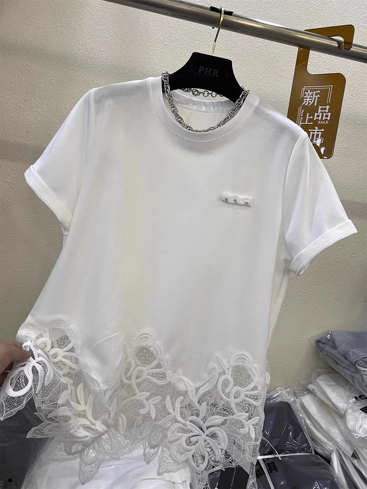 Lace Hem Pure Cotton Short Sleeve T-Shirt Women's Fashionable Summer New Style European Goods Meticulous Irregular Top