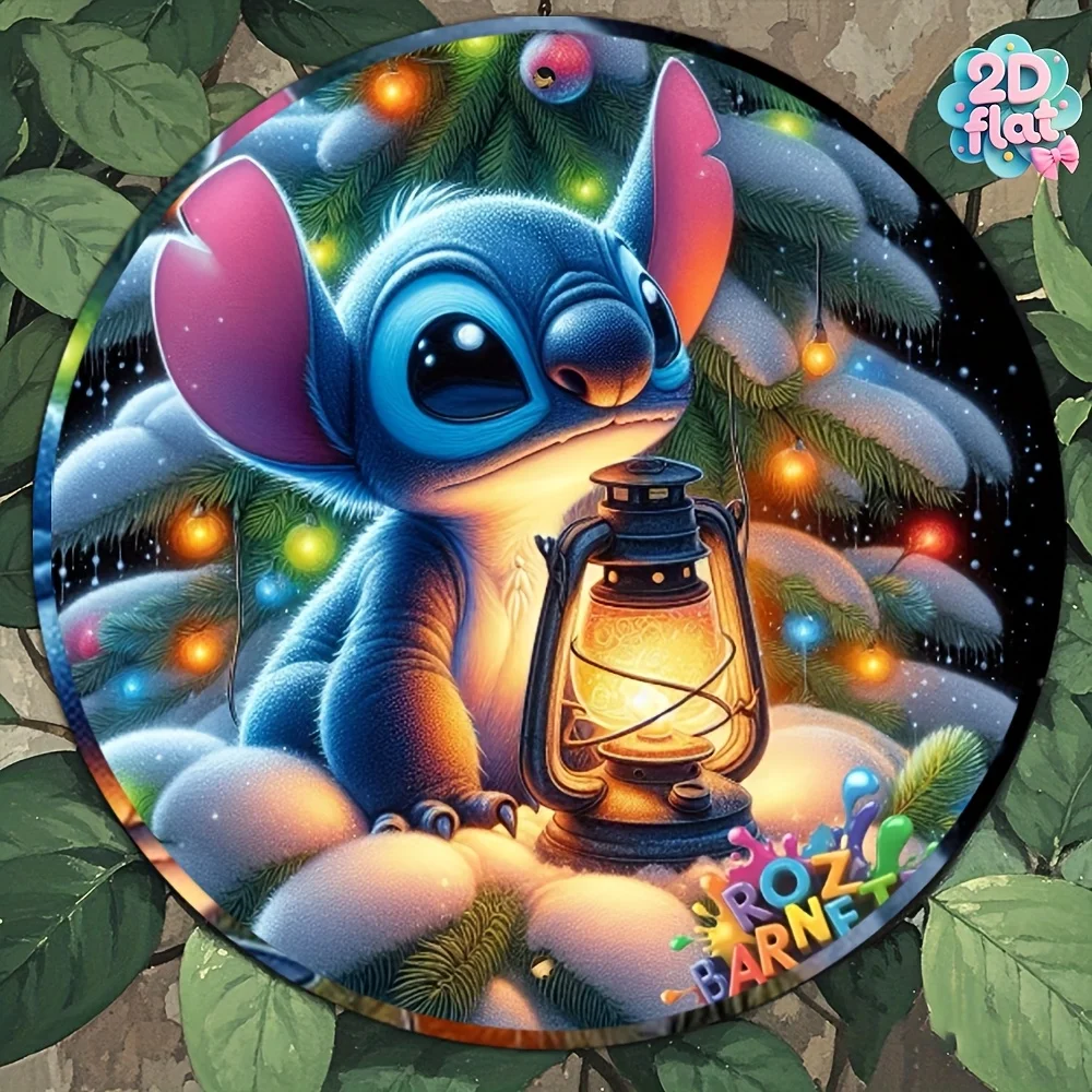 قطعة واحدة من لافتة فنية جدارية معدنية مستديرة لعيد الميلاد - ديكور عطلة عتيق مع مشهد ثلجي وأضواء وامضة، منزل ألومنيوم متين