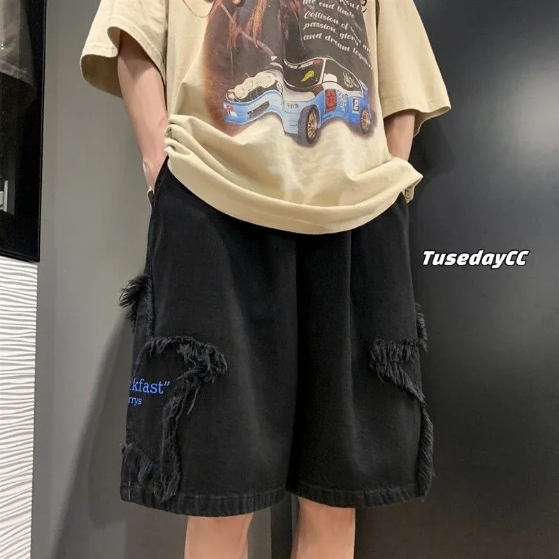 TINT ERA Y2K Mens Streetwear Breeches Star Korean Haruku Pocket Denim Hip Hop Cargo Short Pants Grunge Bermudas Jeans Shorts