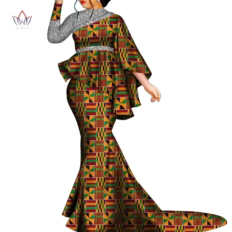 African Clothes for Women Bazin Riche Floral Printed 2 Piece Sets Irregular Bat Sleeve Top and Long Skirts Lady's Party Outfits