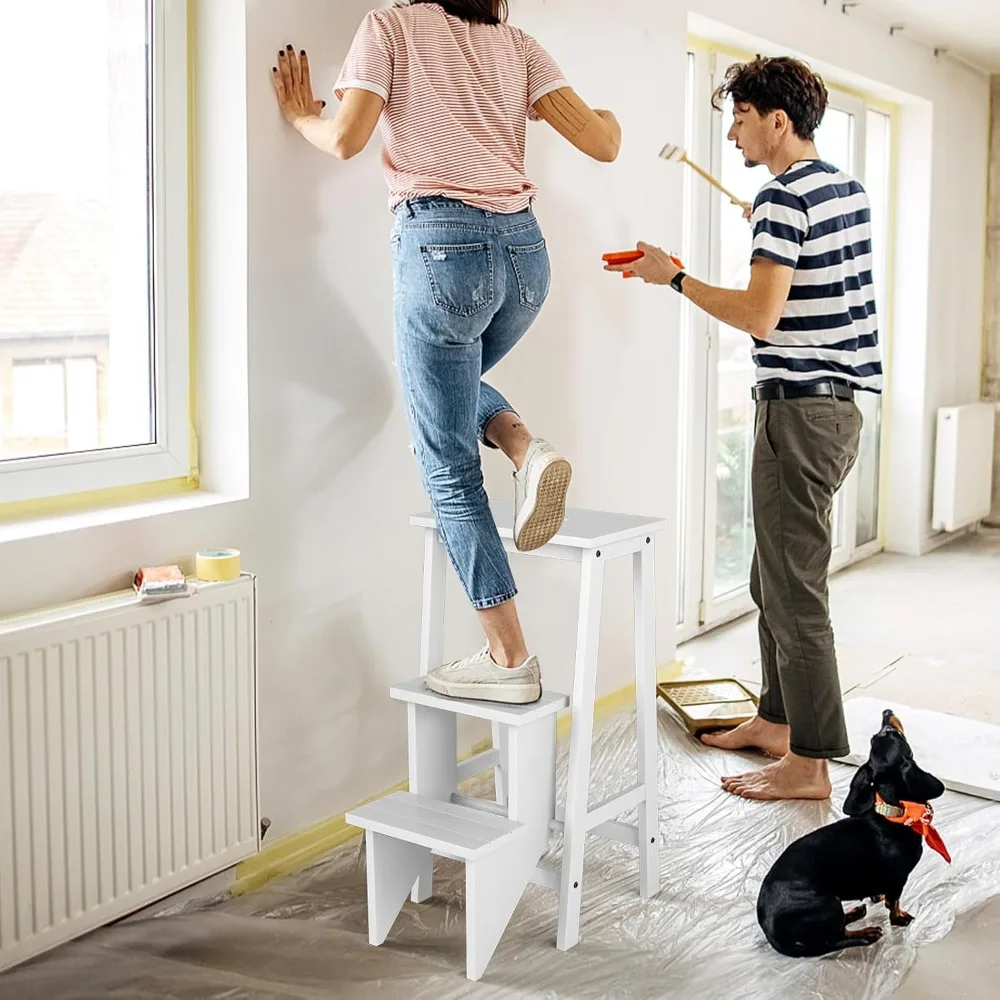 مقعد DORTALA ذو 3 طبقات قابل للطي، مقعد كرسي سلم متعدد الوظائف من الخشب المطاطي، مقعد أدوات محمول، حامل زهور، 200 رطل C #4