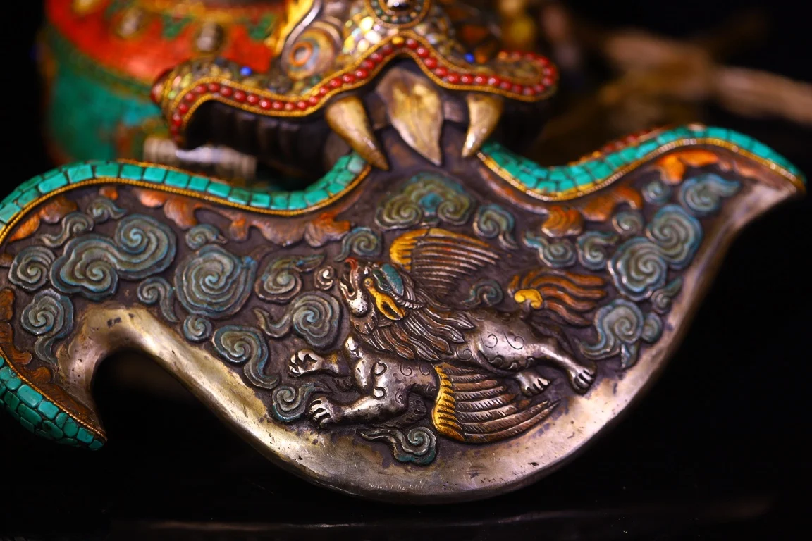 Folk Collection Old Tiantie Mosaic Gem gZi Beads Turquoisel Shell Dragon Head Vajra Tomahawk Vajra Phurpa Base