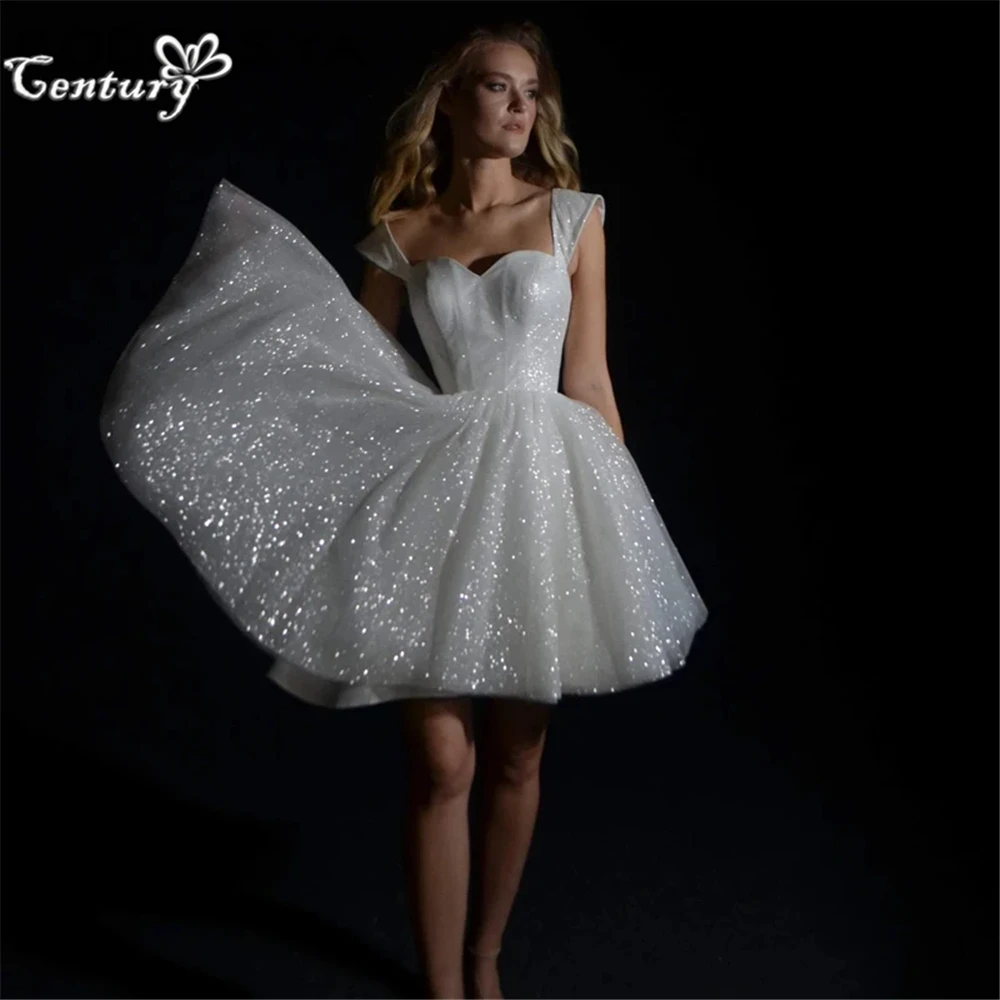 

Short Wedding Dress for Women Sweetheart Sparkling Tulle A-line Lace Up Off Shoulder Bride Gowns Short Robe De Mariee