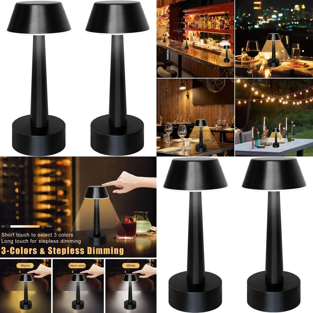 

Портативные светодиодные настольные лампы — 2 шт., перезаряжаемые, с сенсорным 3-цветным затемнением, металлические, идеально подходят для прикроватной тумбочки, стола, использования на открытом воздухе
