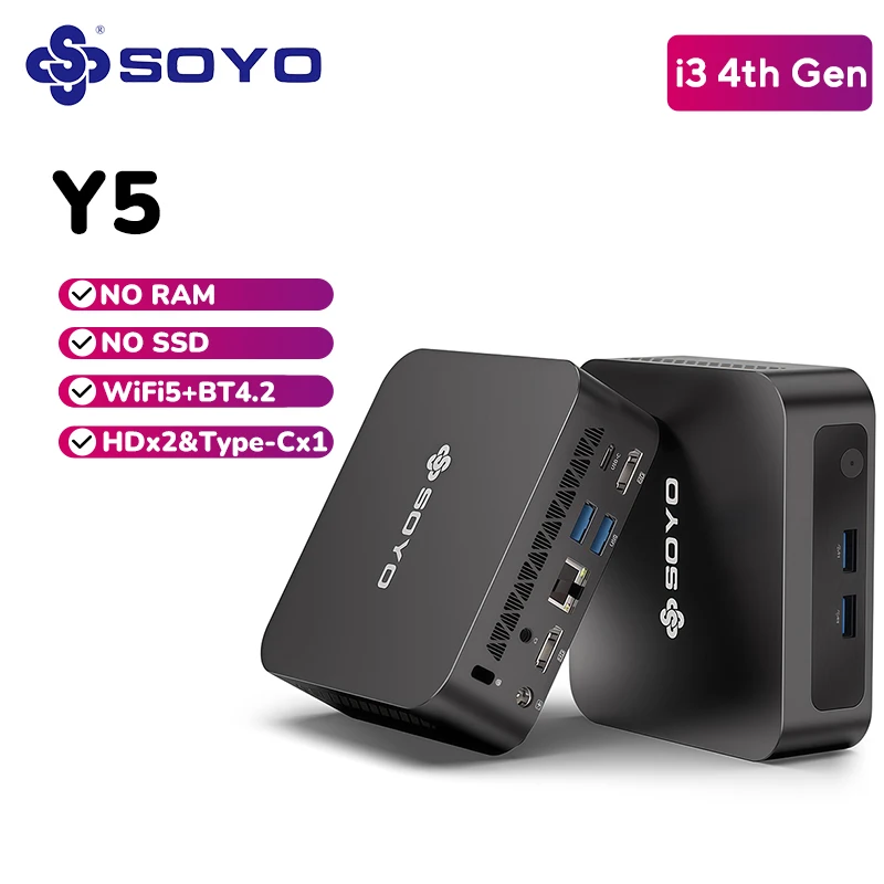 SOYO Y5 Mini PC Intel 4th Gen i3 2×HDMI Type-C 4×USB3.0 WiFi5 BT4.2 M.2 SSD NO RAM  NO SSD NO OS  Home Mini Desktop Computer
