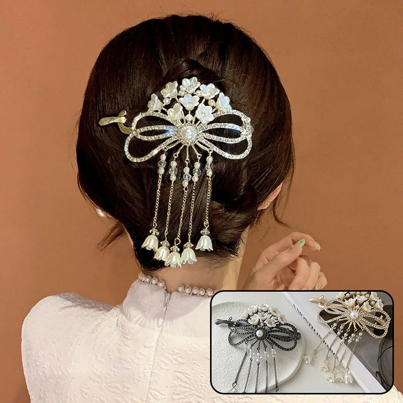 Grampos de cabelo vazados com laço para mulheres, meninas, flor de cristal, borla, brilhante, elegante, moda, presilhas de cabelo