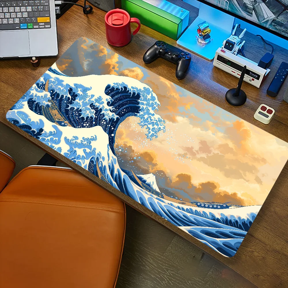 

Японский коврик для мыши с изображением великолепных волн, коврики для компьютерных игр, настольные коврики XXL, резиновые противоскользящие настольные коврики для игровой клавиатуры