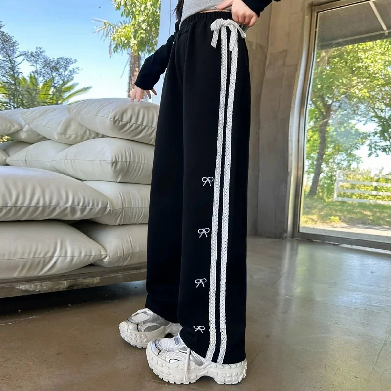 

Spring Girls Pants Teenager Autumn Bow Lace Wide-leg Trousers New Children's Fashion Straight Pants Kids Casual Loose Clothing