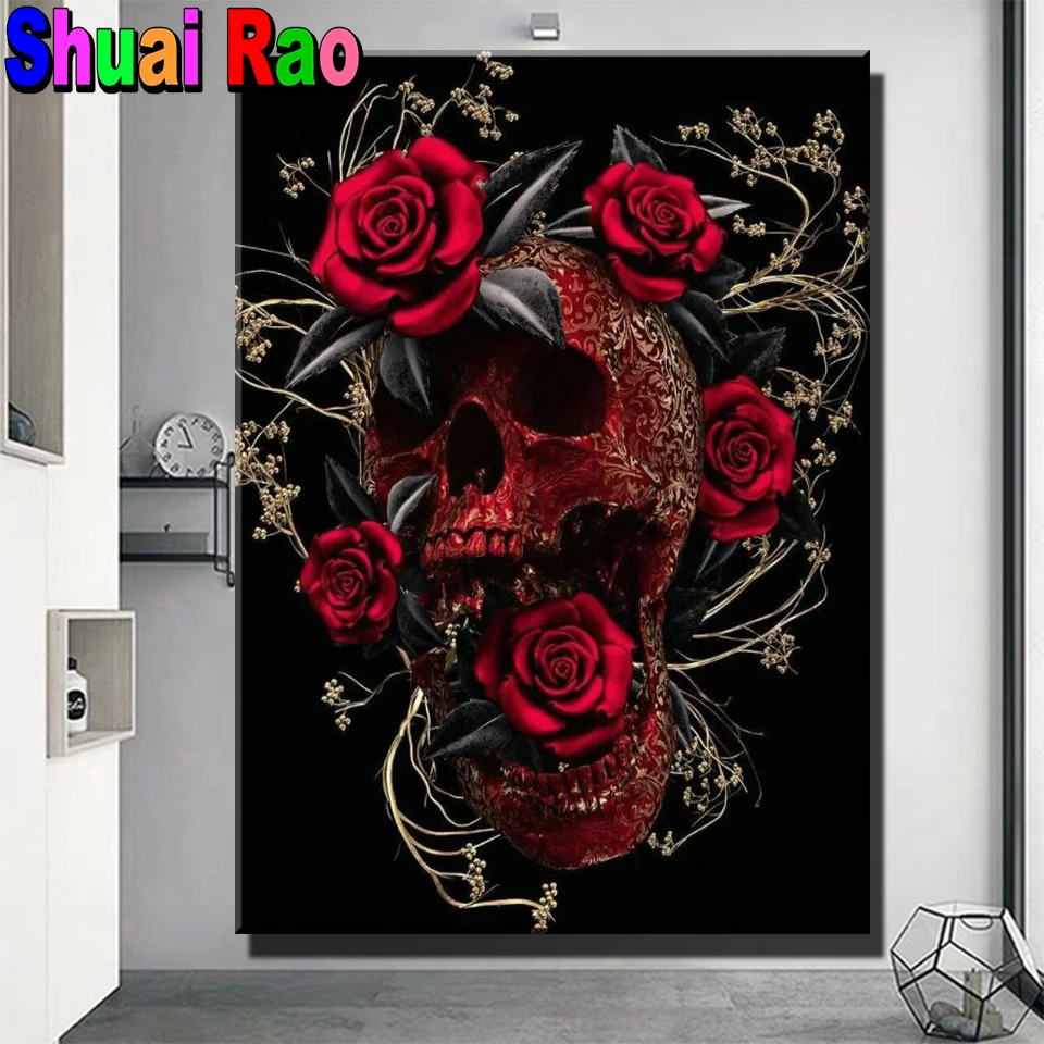 

DIY Diamond Painting Skull Rose Mosaic Needlework Full Square Round Diamond Embroidery Horror Skeleton Halloween Home Decor