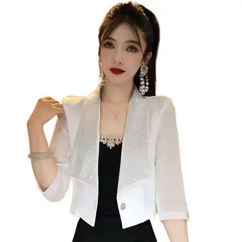 2026 Summer Women Small Jacket New Hot Diamond Satin Mesh Coat with One Button and Seven Cent Sleeve