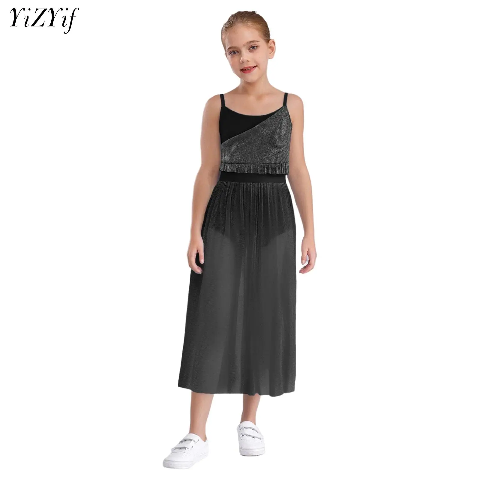 

Kids Girls Lyrical Dance Stage Performance Dress Glittery Mesh Artistic Figure Skating Costume Gymnastics Ballet Jersey Leotard