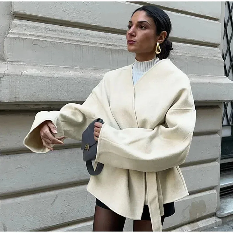 

Women's Coat Solid Long Sleeve Belted Lace-Up White Jacket Autumn Winter Outerwear Female Tops ﻿