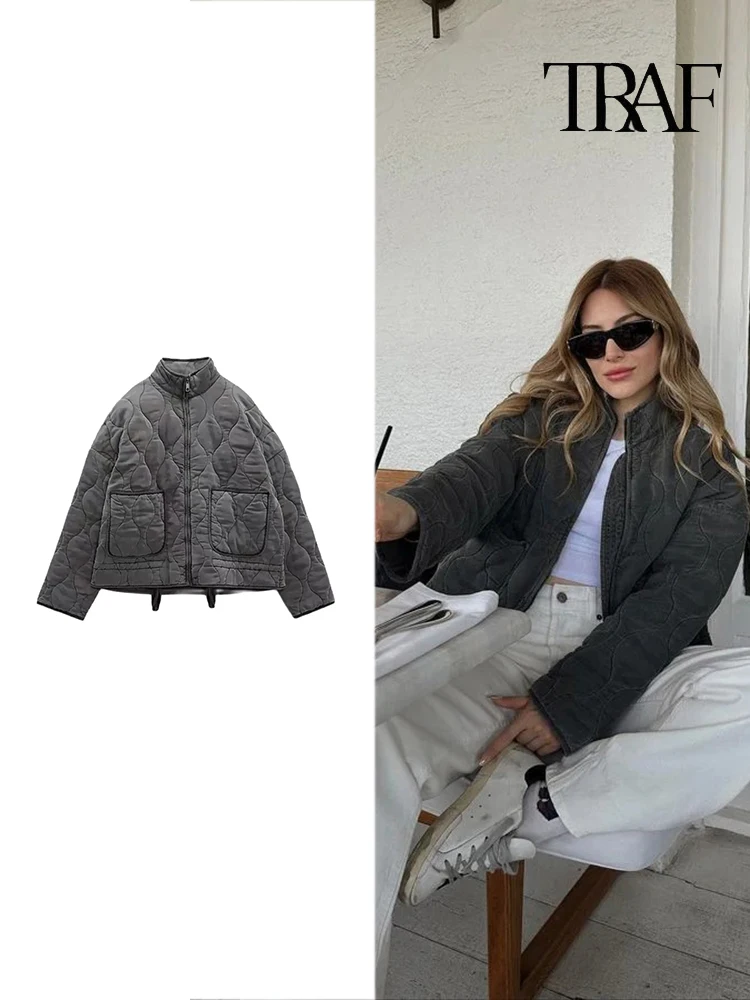 TRAF Women Fashion Diamond Check Jacket Winter Casual Standing Collar Long Sleeve Warm Jacket Vintage Loose Pocket O-Neck Jacket