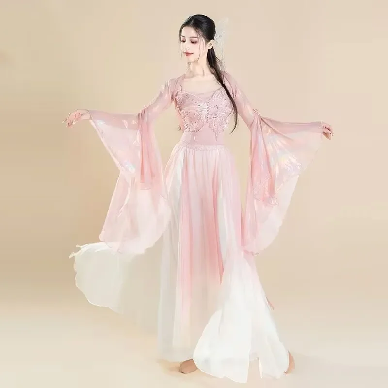 Trajes de actuación de bailarina clásica china, pantalones de gasa de mariposa, ropa de práctica, rima corporal, vestido de baile de estilo chino