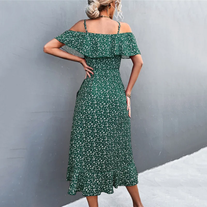 Vestido longo feminino, um ombro, cinta de flor fragmentada, irregular, verde, popular, novo produto, primavera e verão, 2024