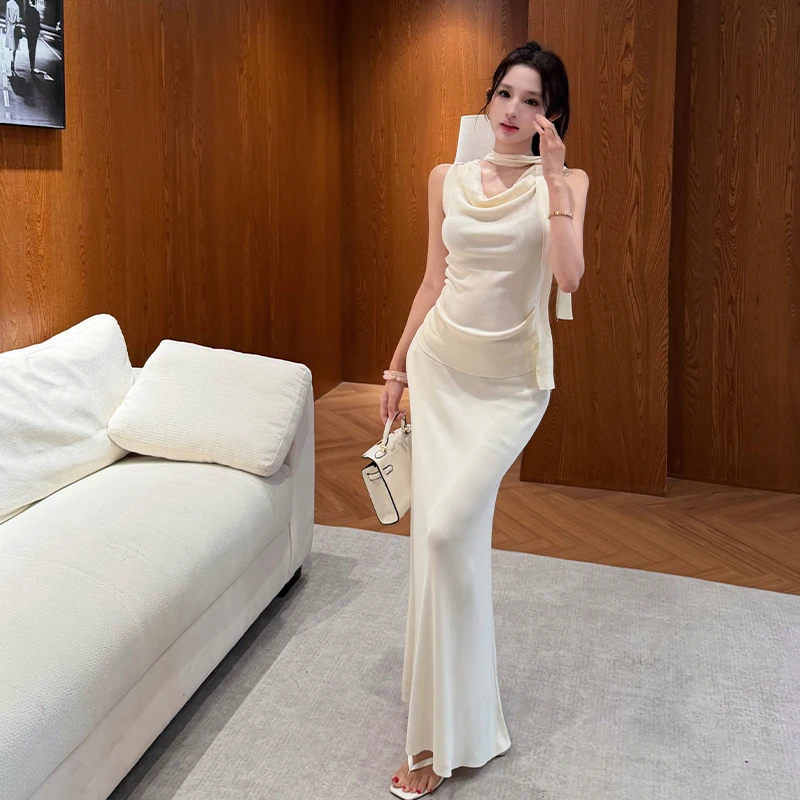 

White Summer Sleeveless T-Shirt Women's Unique Beautiful Design Sash Swing Collar Fashionable Top for Office Work Uniform Set