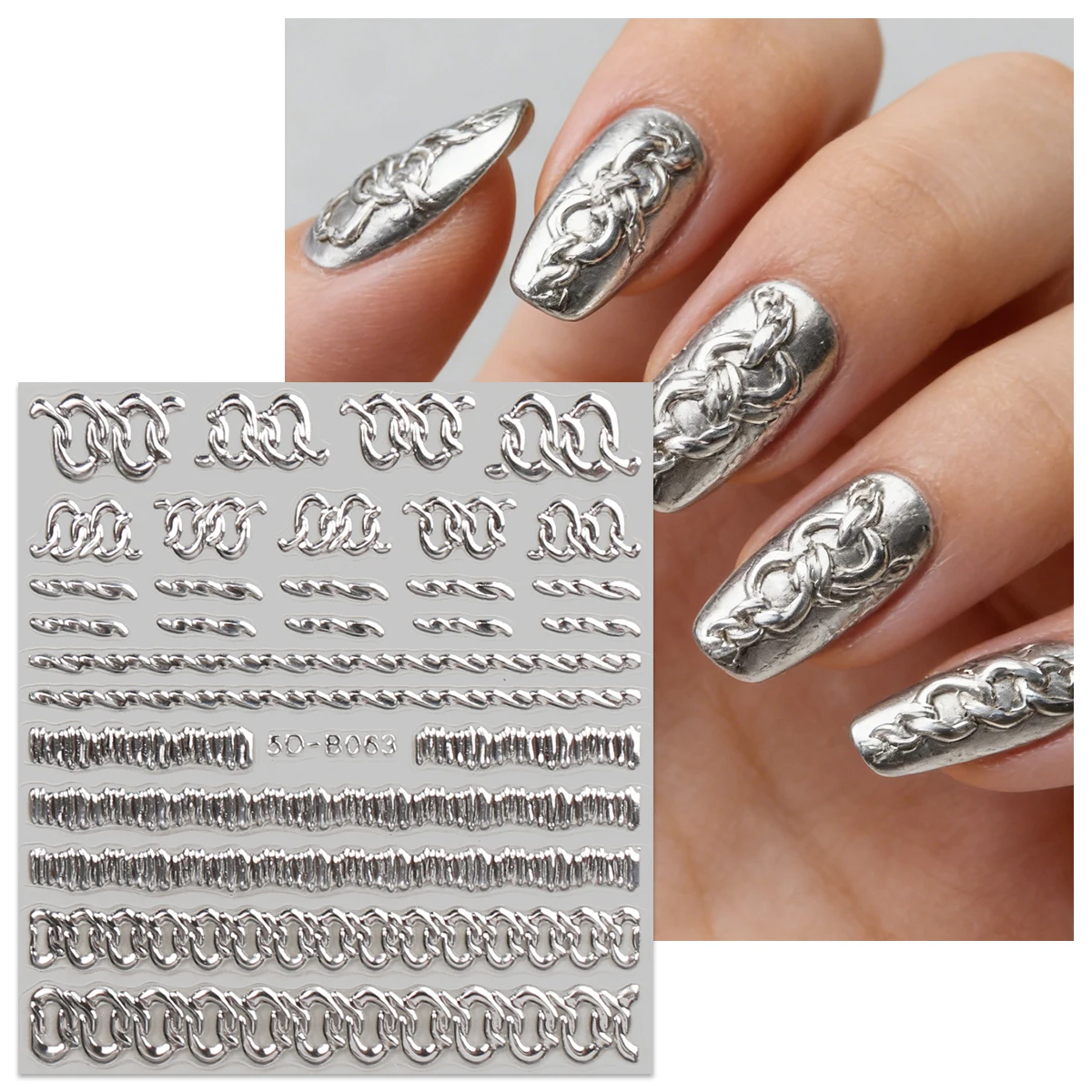 2개 레트로 펑크 체인 패턴 핫 스탬핑 및 엠보싱 네일 아트 스티커, 5D 핫 스탬핑 기술, DIY, 선물, Y2K