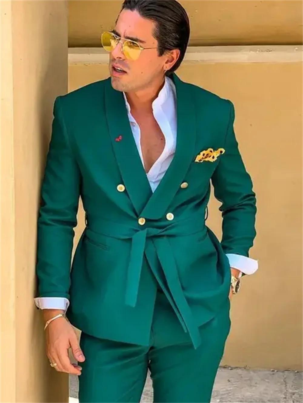 2 PCS Green Men Suits Slim Fit Double Breasted Shawl Lapel Formal Wedding Tuxedo Set  Traje Americana Hombre