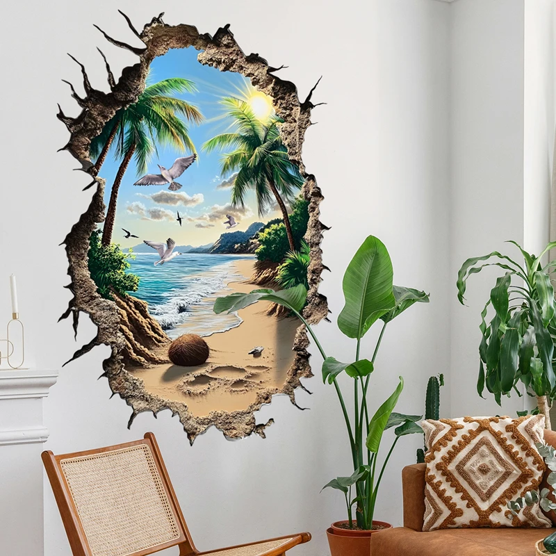 Sea View Big Wall Hole Art Sunny Beach Waves Coconut Trees Seagull Vinyl Mural Stickers Home Decoration for Living Room Bathroom